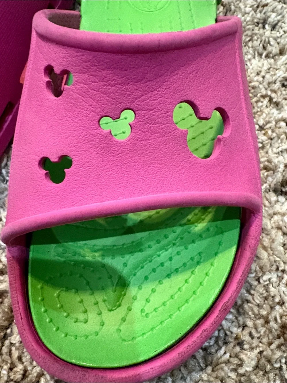 CROCS Kids Mickey Pink Slide Sandals with Green Footbed